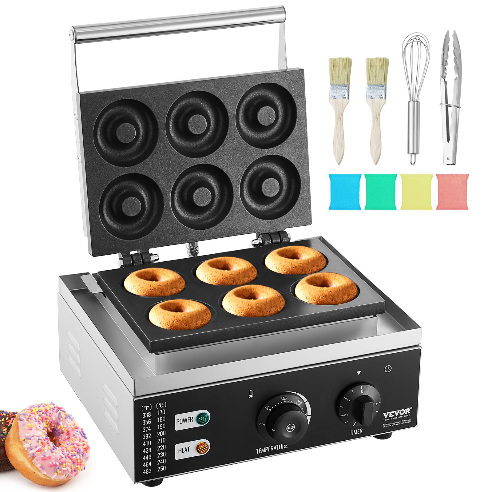 VEVOR Electric Donut Maker, 1550W Commercial Doughnut Machine with Non-stick Surface, 6 Holes Double-Sided Heating Waffle Machine Makes 6 Doughnuts, Temperature 122-572℉, for Restaurant and Home Use