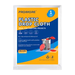 promore 9x12 ft 1-mil clear plastic drop cloth - thickened painter's sheet for painting, furniture, walls, and floor protection (108 sq ft)