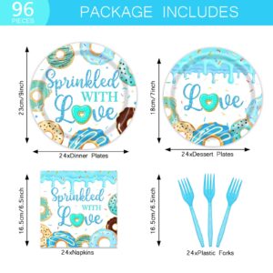 96 Pcs Donut Sprinkle Baby Shower Party Supplies Blue Sprinkled with Love Plates and Napkins Tableware Set Party Decorations for Boy Baby Shower Serve 24 Guests