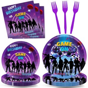 96pcs video game party supplies birthday royale tableware set gaming party plates and napkins game on decorations for kids boys girls baby shower video game dinnerware party favors for 24 guests