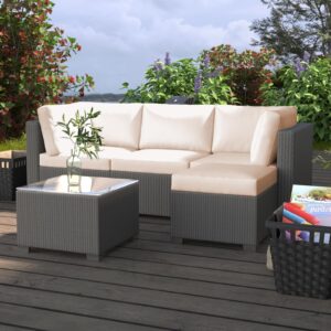 PioneerWorks 5-Piece Outdoor Patio Rattan Wicker Sofa Set, PE Rattan Conversation Sectional with Thickened Back Cushion, Glass Tabletop, Ottoman - Ideal for Courtyard Space, Beige