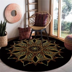 ushirug black gold mandala round rugs 5ft boho gold floral circle area rugs anti-skid vintage pads home decor for living room bedroom washable indoor sofa floor area mat carpets