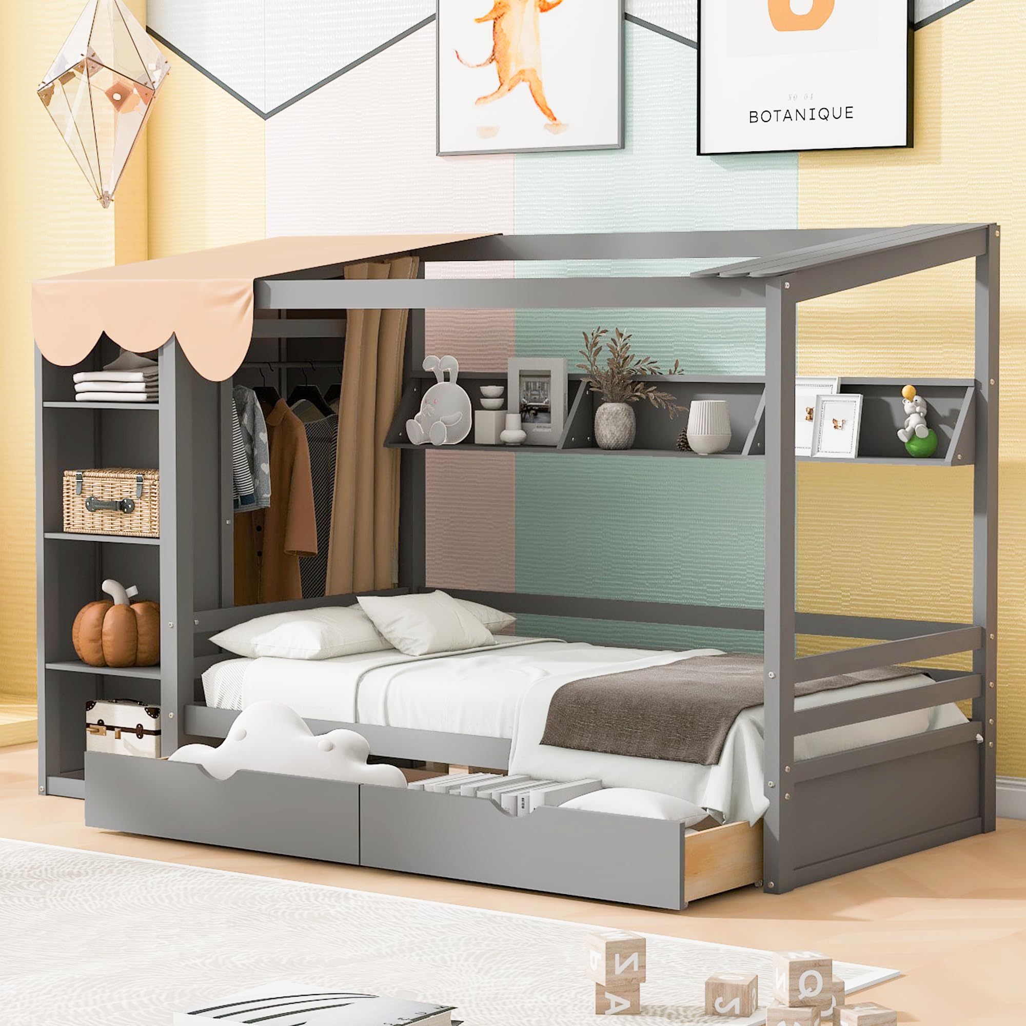 Merax Twin Size House Bed Frame with 2 Drawers, Built-in Wardrobe, Storage Shelves, Guardrail and Curtain, Wooden Bed for Kids