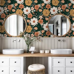 HAOKHOME Floral Peel and Stick Wallpaper Boho Wall Paper Vintage Removable for Bedroom Contact Paper Green/Terracotta 17.7in x 9.8ft