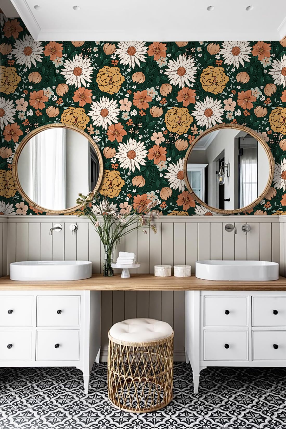 HAOKHOME Floral Peel and Stick Wallpaper Boho Wall Paper Vintage Removable for Bedroom Contact Paper Green/Terracotta 17.7in x 9.8ft