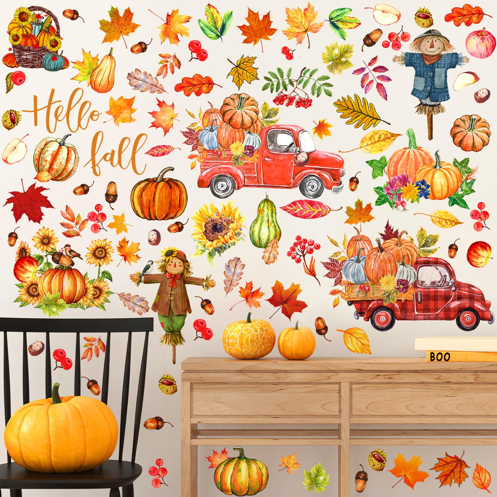 Chivertion 6 Sheets Thanksgiving Fall Wall Sticker Decorations, Thanksgiving Wall Stickers for Kids Home Office Classroom Party Glass Wall Autumn Fall Leaves Wall Decal(Scarecrow)