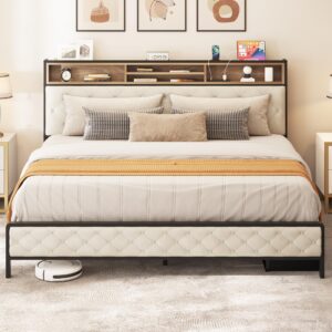 dwvo king bed frame with built-in charging station, platform bed frame with upholstered storage headboard & footboard, sturdy metal slats, no box spring required (beige)