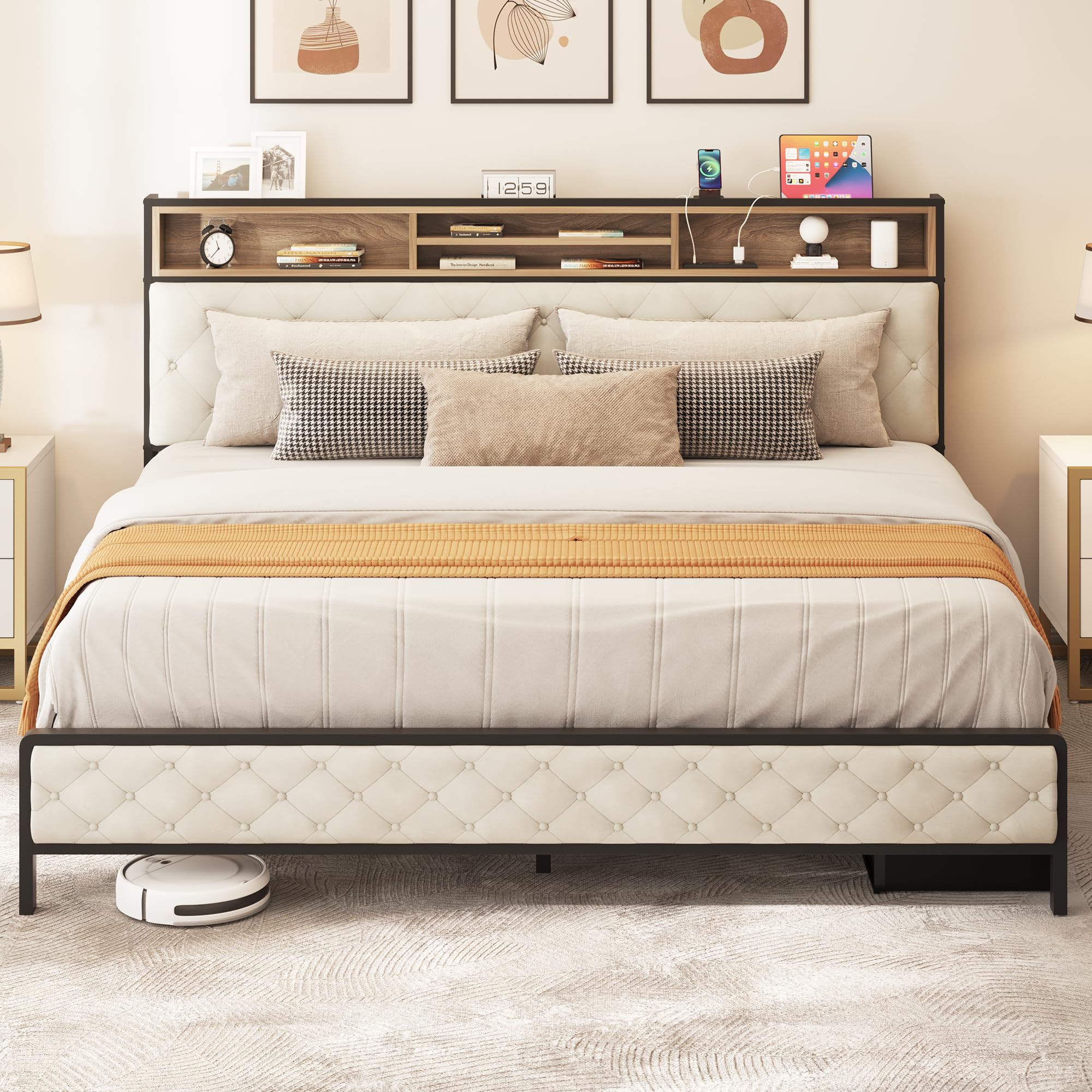 DWVO King Bed Frame with Built-in Charging Station, Platform Bed Frame with Upholstered Storage Headboard & Footboard, Sturdy Metal Slats, No Box Spring Required (Beige)