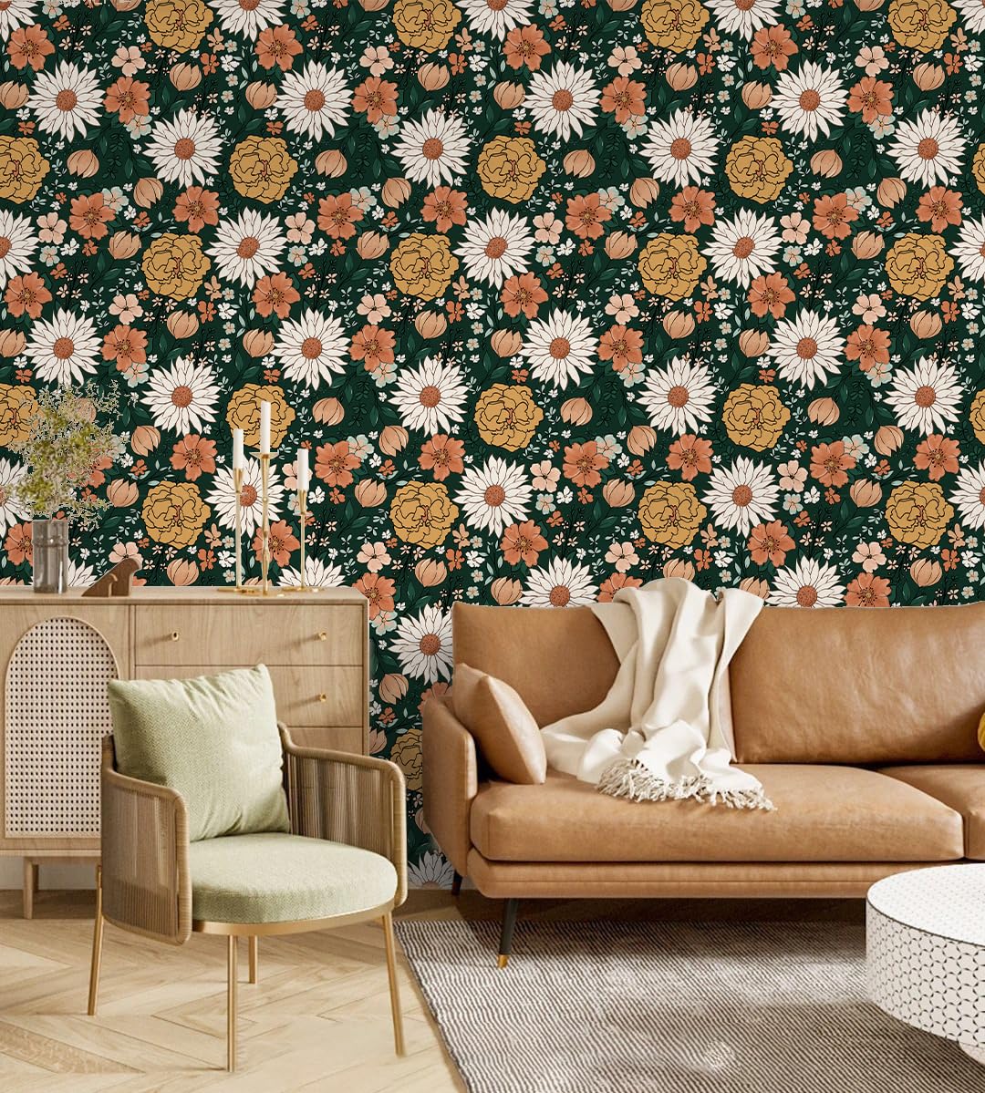 HAOKHOME Floral Peel and Stick Wallpaper Boho Wall Paper Vintage Removable for Bedroom Contact Paper Green/Terracotta 17.7in x 9.8ft