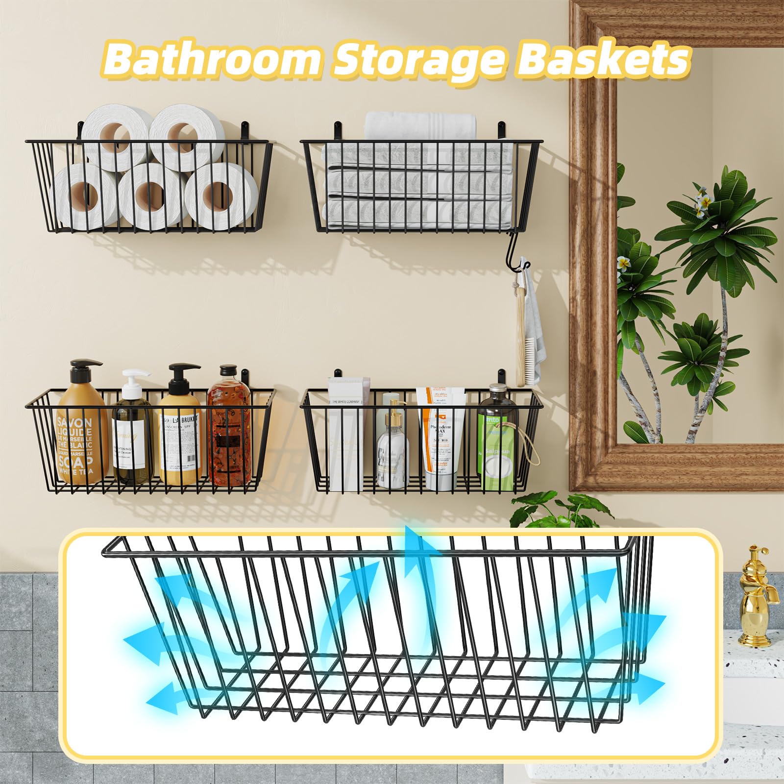 Simple Trending 6 Pack Wire Basket Locking Wall Hanging Baskets, Cabinets Organizer and Storage with Hanging Hooks for Kitchen, Garage and Bathroom