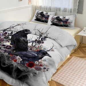 msshukytt minimalist vintage gothic raven duvet cover set 3 piece king size,rustic spring misty forest wildlife floral tree skull bedding set 2 pillow sham(no insert)