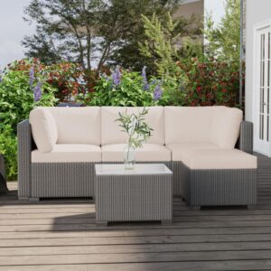 PioneerWorks 5-Piece Outdoor Patio Rattan Wicker Sofa Set, PE Rattan Conversation Sectional with Thickened Back Cushion, Glass Tabletop, Ottoman - Ideal for Courtyard Space, Beige