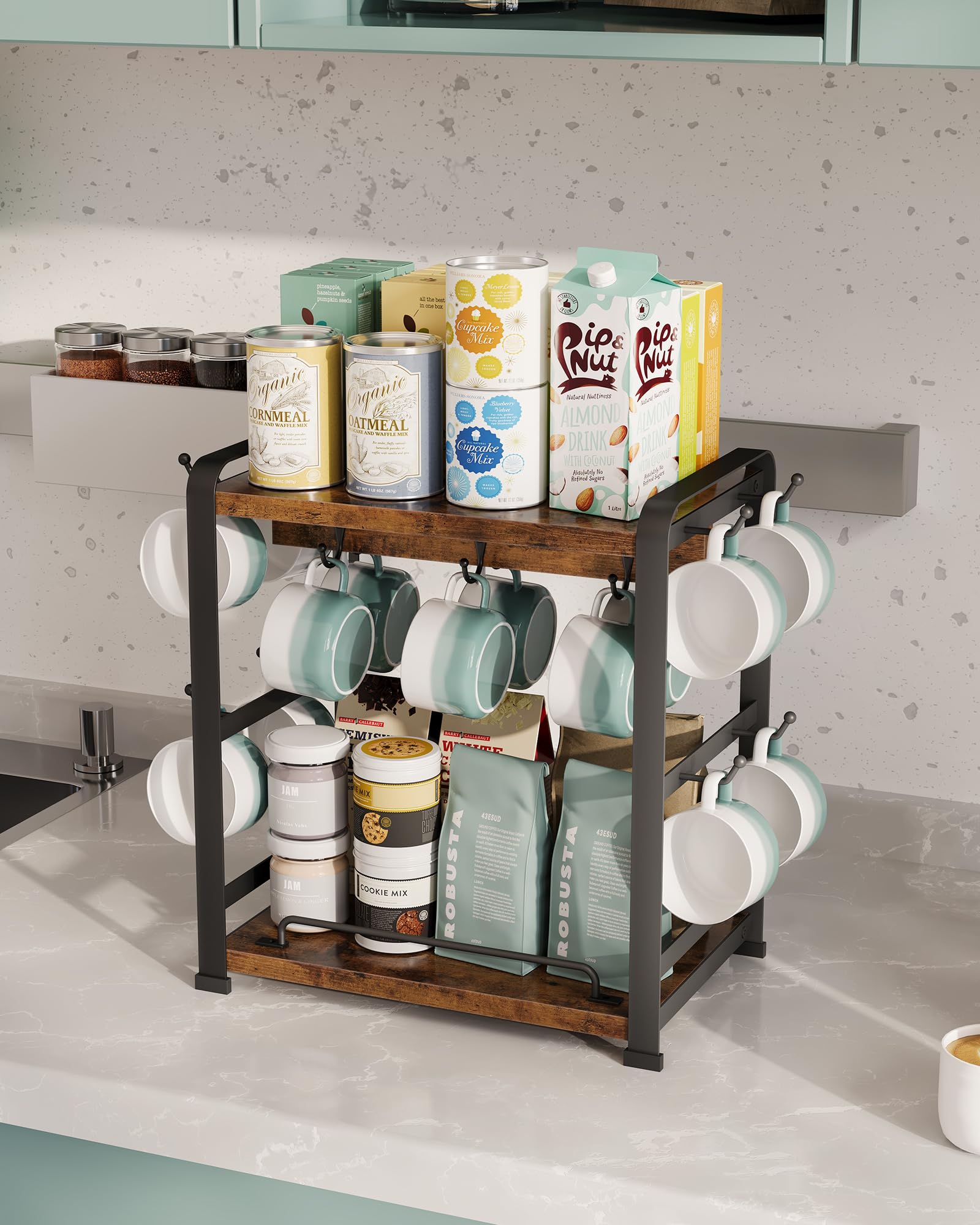 OROPY Coffee Bar Organizer with 14 Mug Hooks, Wood Coffee Mug Holder Stand for Countertop, 2 Tier Coffee Station Organizer for Coffee Cups, Mugs, Syrups, Accessories