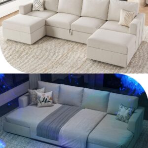 Belffin U Shaped Sectional Sleeper Sofa with Pull Out Bed Convertible Velvet Modular Sectional Couch Bed with Storage Ottoman Beige