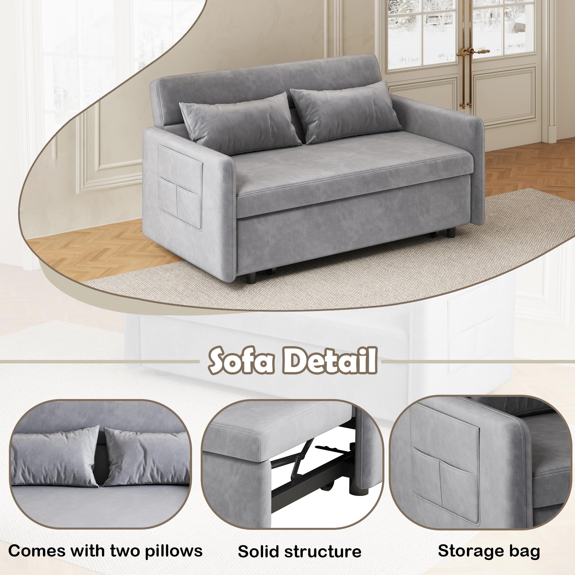 Anwick Modern Velvet 3 in 1 Sleeper Sofa Bed,Convertible Folding Futon Sofa Pull Out Couch Bed with 3 Reclining Backrests,Pillows,54" Small Love Seat for Compact Living Room Office (Gray, 54")