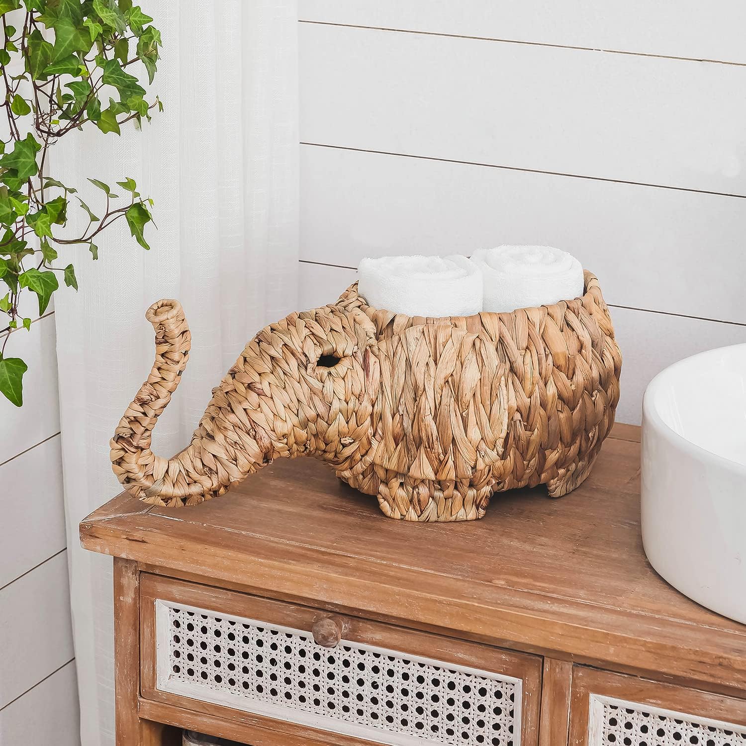 Synovana Rattan Storage Basket Elephant Wicker Storage Basket Animal Shaped Handwoven Water Hyacinth Rattan Storage Basket Organizer for Bedroom Living Room Laundry Room - Elephant