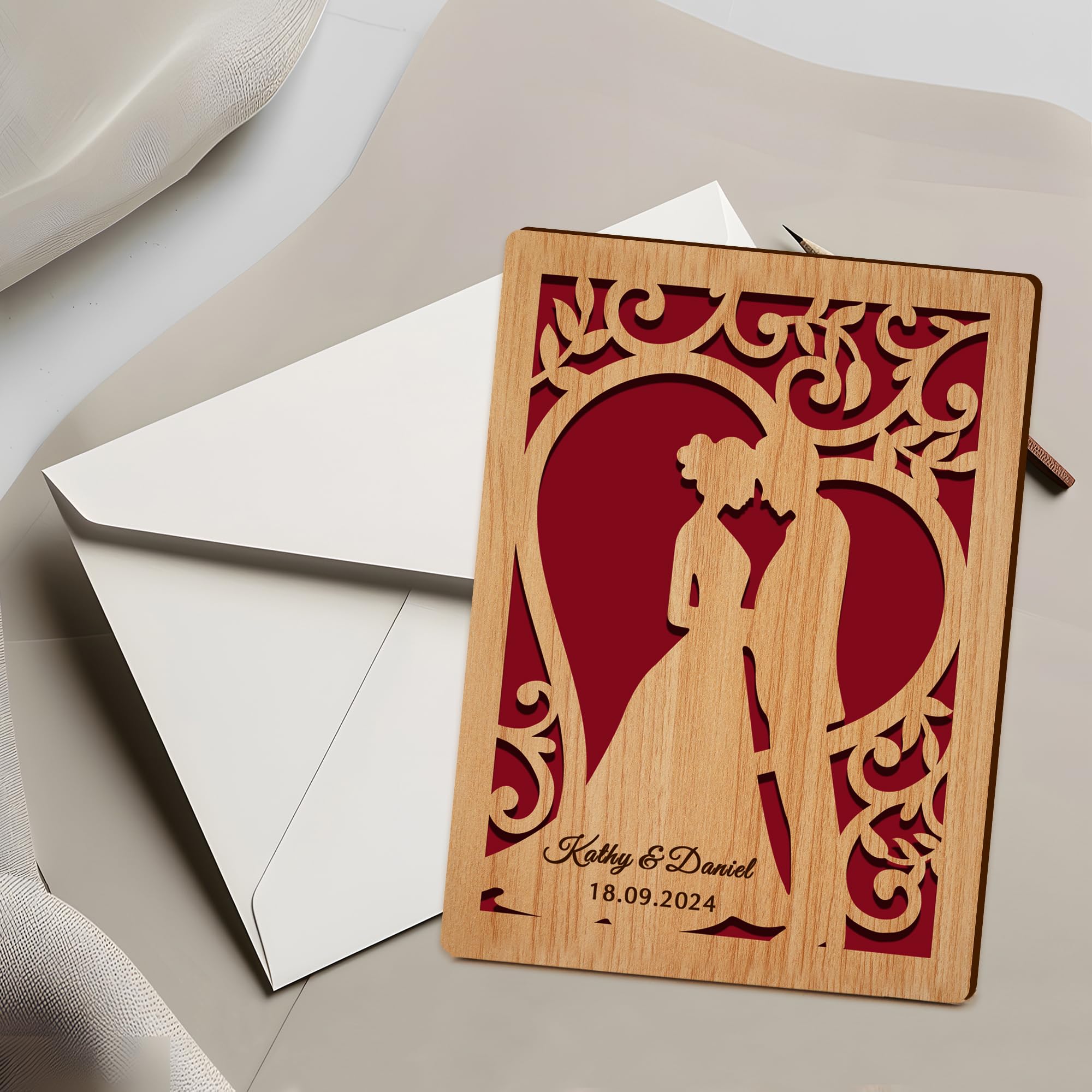 EDSG Personalized Wooden Wedding Card Mr and Mrs Gifts Wedding Cards for Bride and Groom New Couples Anniversary Card for Women Wife Her Wedding Greeting Card with Any Name & Date(Design 1)