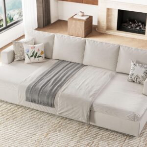 Belffin U Shaped Sectional Sleeper Sofa with Pull Out Bed Convertible Velvet Modular Sectional Couch Bed with Storage Ottoman Beige