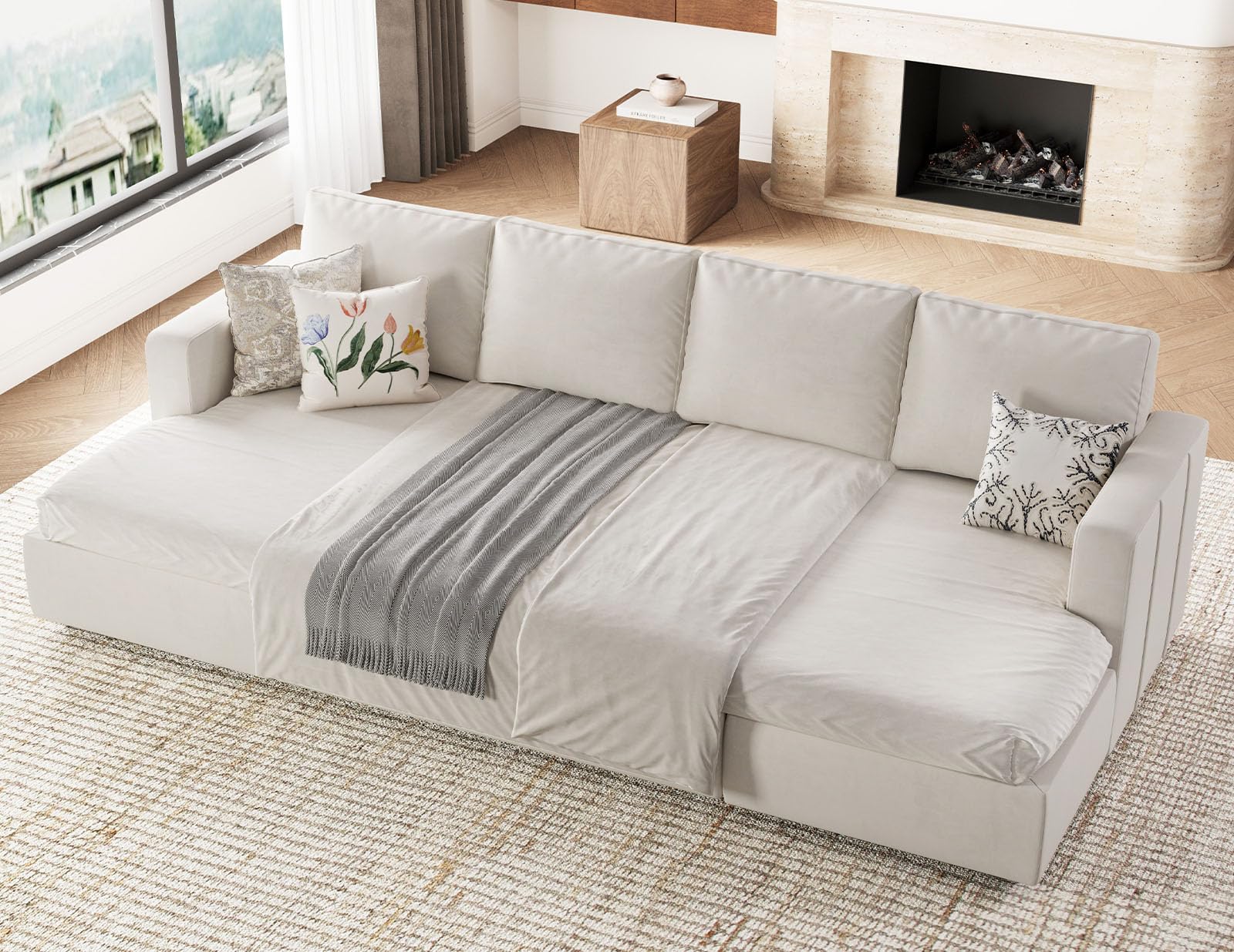 Belffin U Shaped Sectional Sleeper Sofa with Pull Out Bed Convertible Velvet Modular Sectional Couch Bed with Storage Ottoman Beige