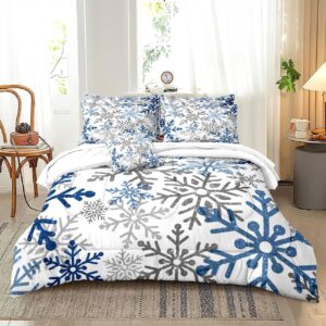 yilinata blue snowflake comforter set winter christmas frozen printed quilt bedding set with 1 comforter and 2 pillow covers for bedroom dormroom all season king 104x90inches