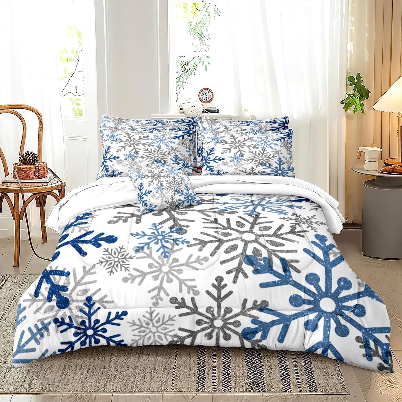 Yilinata Blue Snowflake Comforter Set Winter Christmas Frozen Printed Quilt Bedding Set with 1 Comforter and 2 Pillow Covers for Bedroom Dormroom All Season King 104x90inches