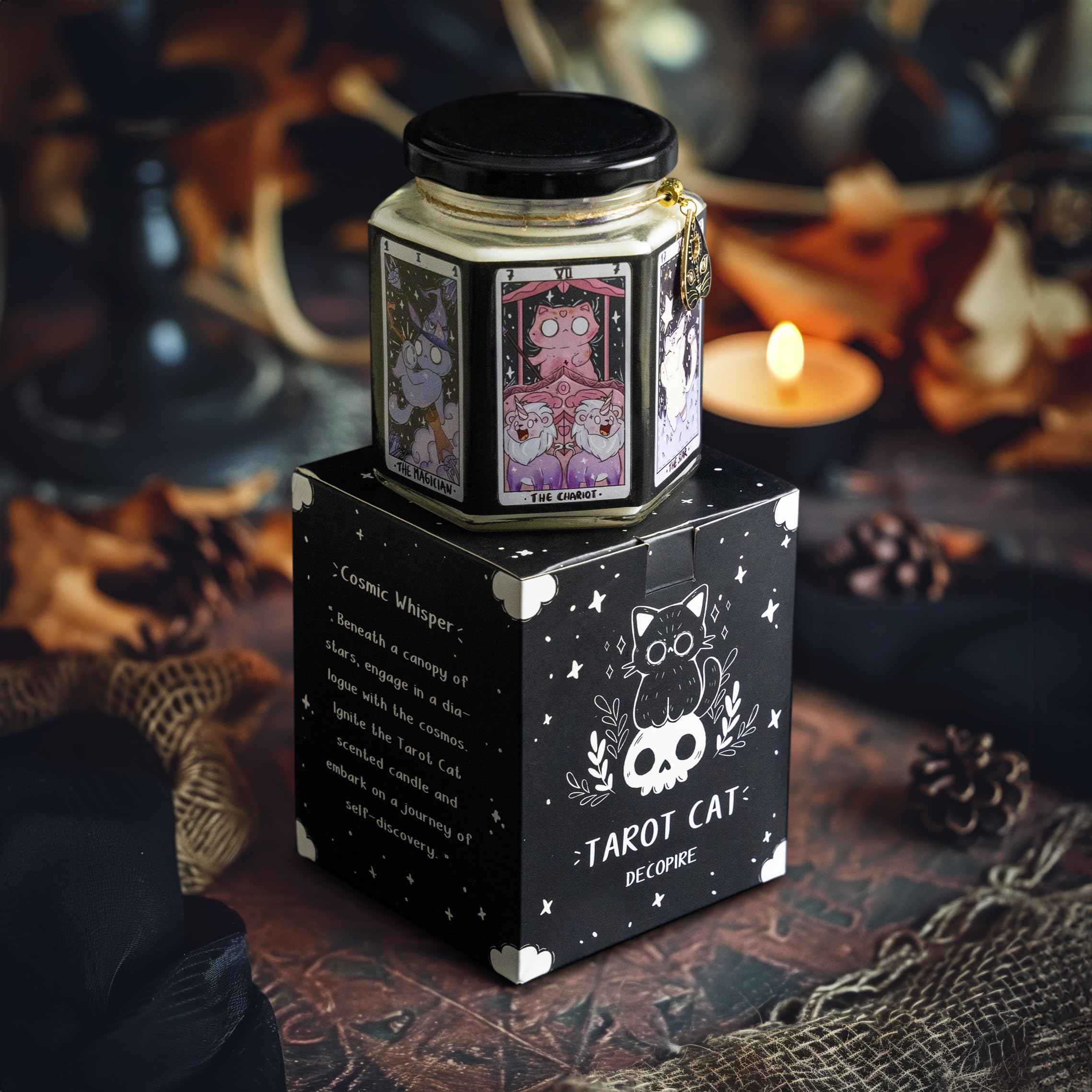 DECOPIRE Tarot Cat Protection Crystal Candle, Handcrafted, Amethyst & Dry Flowers, Amber & Sandalwood Scent, for Birthdays, Witchcraft, Relaxation