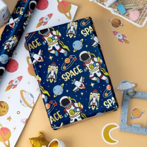 MIMUTI Space Wrapping Paper - Astronaut Gift Wrap Mini Roll - Kids Blue Space Birthday Gift Wrap Roll Boys Wrapping Paper Outer Space Party Favor - 17 in X 33 ft Suitable for Birthdays, Parties