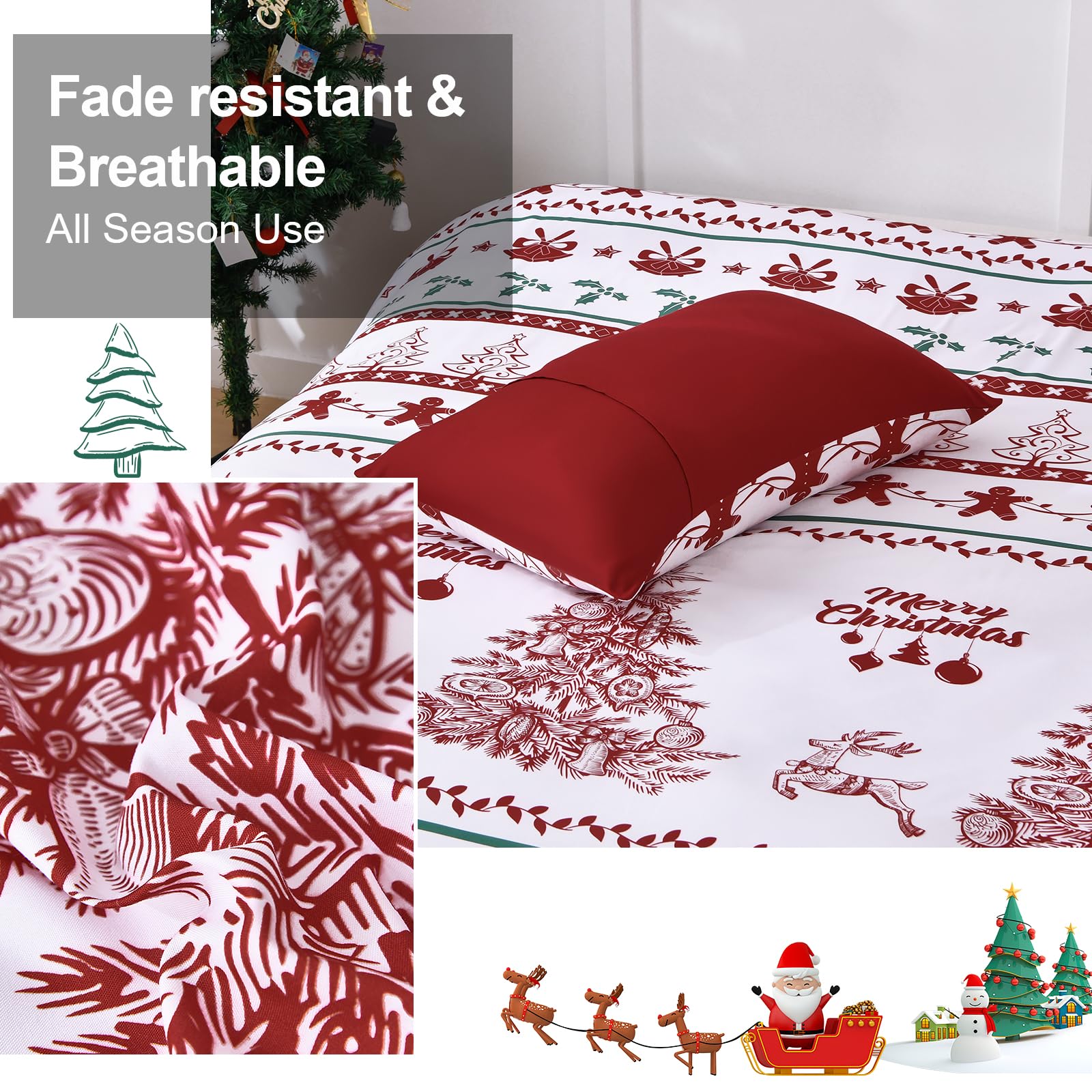 Xruibed Christmas Duvet Cover Set Queen Size 3PCS Xmas Tree Reindeer Pattern Duvet Cover Lightweight Microfiber Bedding Set with Zipper Closure for Adults Teens (Queen,90''x90'')