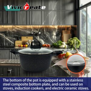 Vivicreate cast aluminum stock pot pan with lid, Marble color non stick coating, stainless steel bottom, long handle with rubber coating, dishwasher machine (9.5 INCH)