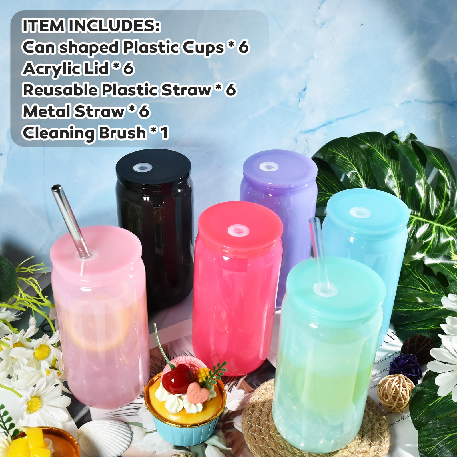 16oz Plastic Mason Jars, 6Pack Mason Drinking Acrylic Cups with Plastic Lids and Stainless Steel Straws Iced Coffee Cups Shatterproof Unbreakable Tumblers for Smoothies, Beer, Coffee, Jelly Color