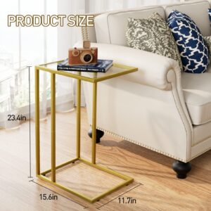 C Shaped End Side Table Set of 2,Couch Sofa Table for Small Space,Tempered Glass Snack Side Table with Metal Frame for Living Room, Bedroom, Bedside, Modern Style, Gold