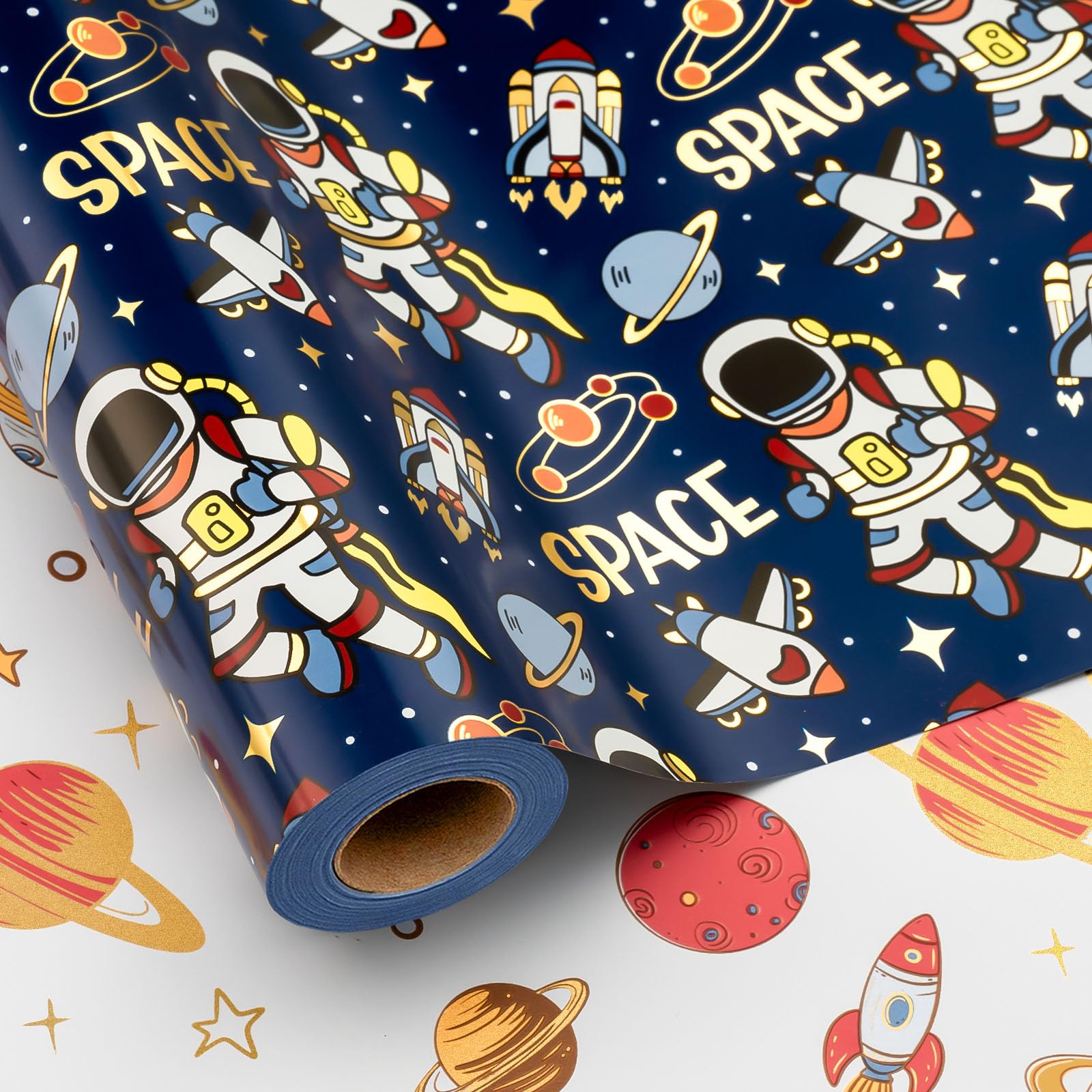 MIMUTI Space Wrapping Paper - Astronaut Gift Wrap Mini Roll - Kids Blue Space Birthday Gift Wrap Roll Boys Wrapping Paper Outer Space Party Favor - 17 in X 33 ft Suitable for Birthdays, Parties