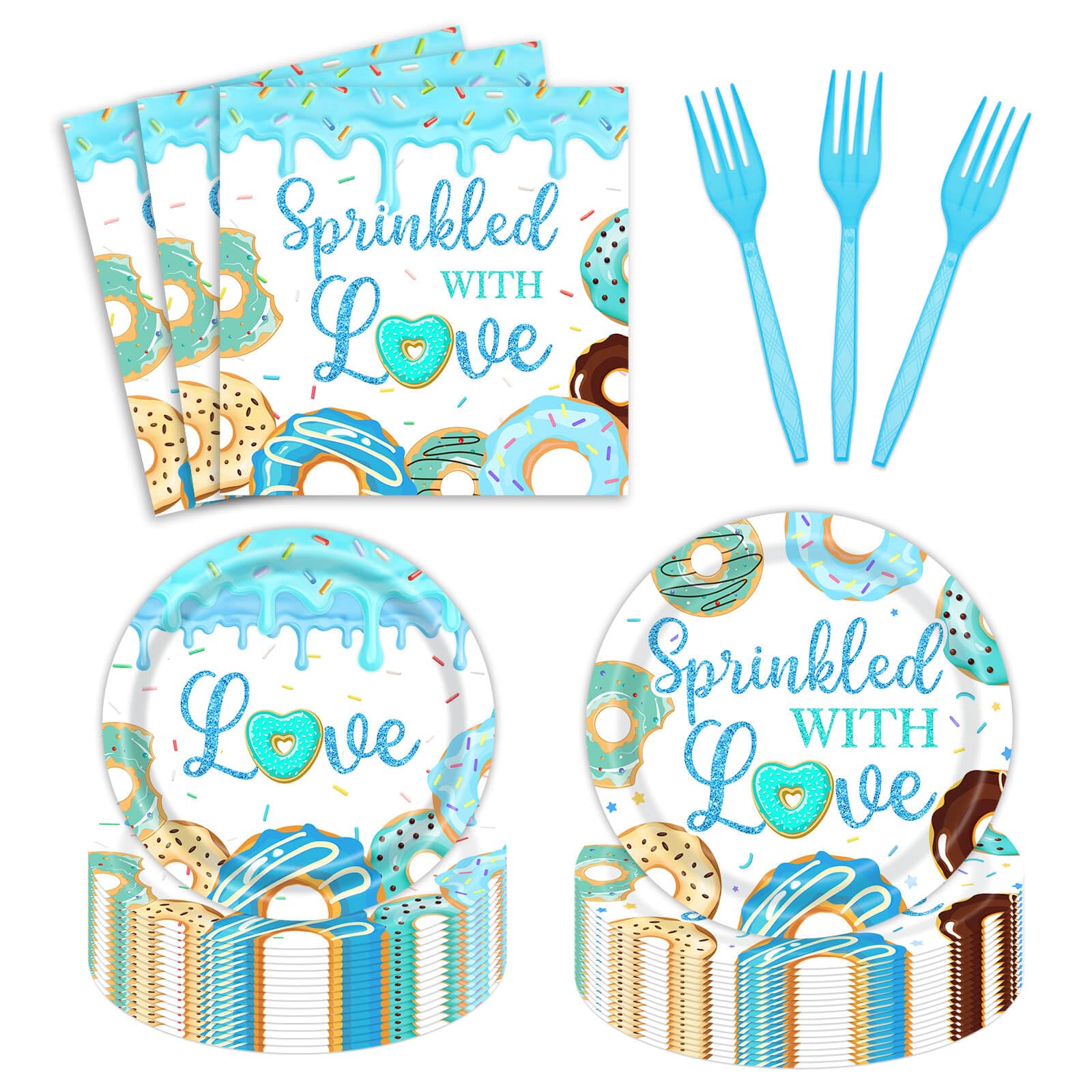 96 Pcs Donut Sprinkle Baby Shower Party Supplies Blue Sprinkled with Love Plates and Napkins Tableware Set Party Decorations for Boy Baby Shower Serve 24 Guests