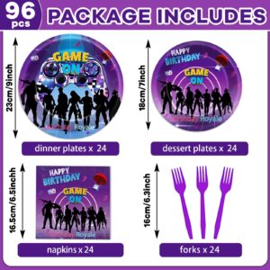 96Pcs Video Game Party Supplies Birthday Royale Tableware Set Gaming Party Plates and Napkins Game on Decorations for Kids Boys Girls Baby Shower Video Game Dinnerware Party Favors for 24 Guests