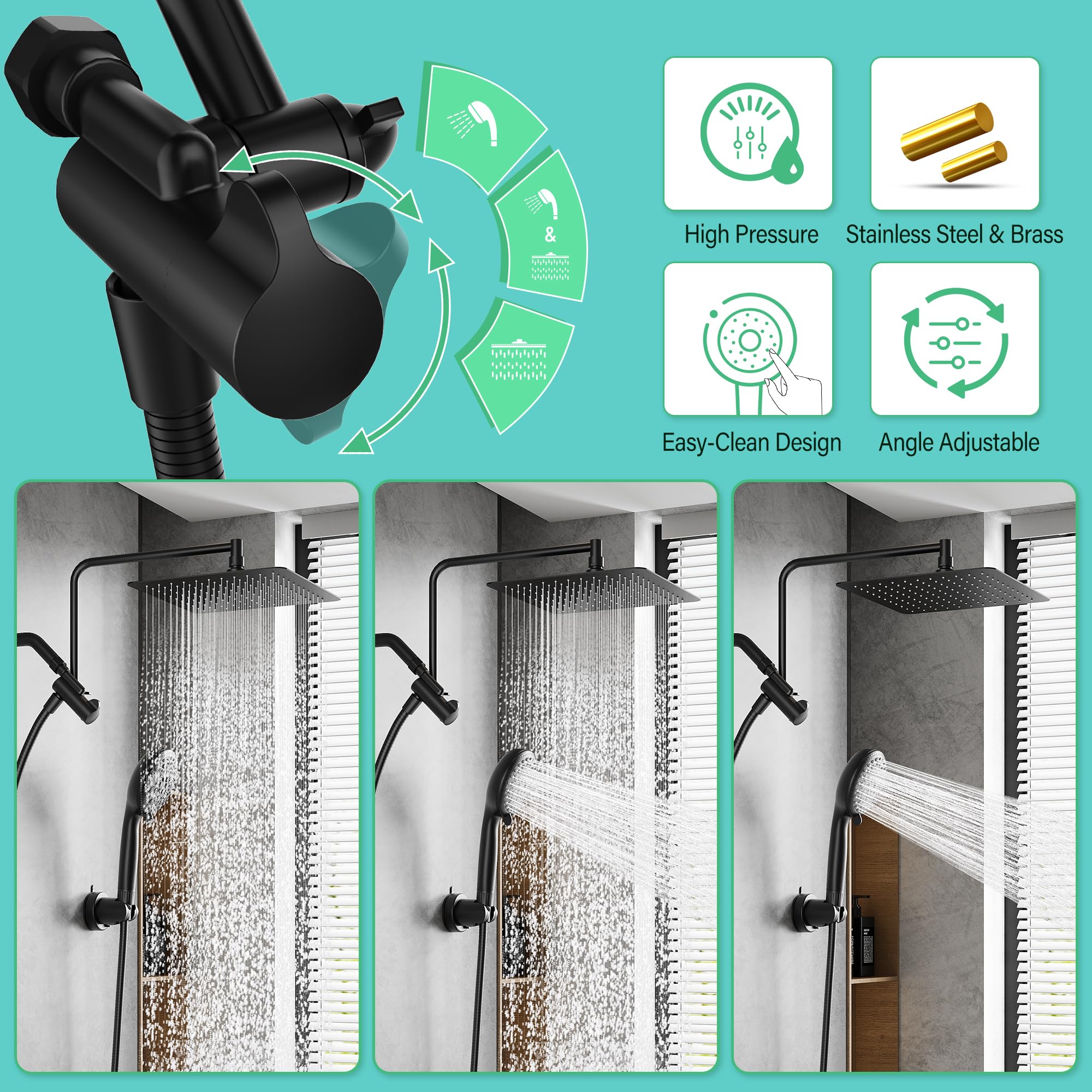 Holispa Shower Heads with Handheld Spray Combo, 10" Rain Shower Head with Handheld, 12" Extension Arm with 3-Way Diverter, Handheld Shower Head with Filter, 59" Stainless Steel Hose, Matte Black