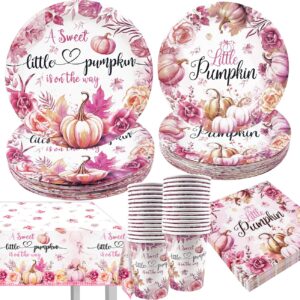 little pumpkin baby shower decorations happy fall a little pumpkin is on the way tableware set serves 30 guests with pink fall pumpkin plates,napkins and cups, plastic tablecloth for girl baby shower