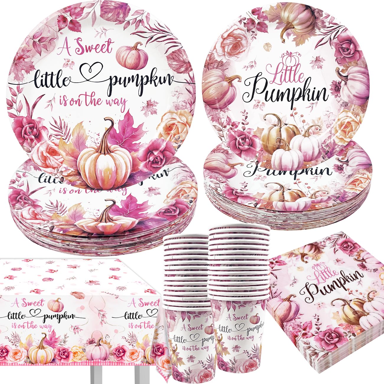 Little Pumpkin Baby Shower Decorations Happy Fall a Little Pumpkin Is On The Way Tableware Set Serves 30 Guests with Pink Fall Pumpkin Plates,Napkins and Cups, Plastic Tablecloth for Girl Baby Shower