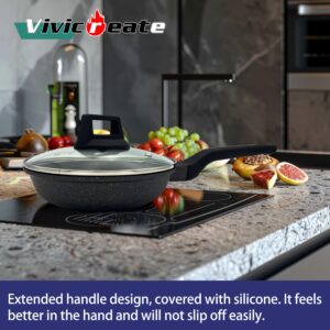 vivicreate cast aluminum deep fry pan with lid, Marble color non-stick coating, stainless steel bottom, long handle with rubber coating, European style deep fry pan, dishwasher machine (8 INCH)