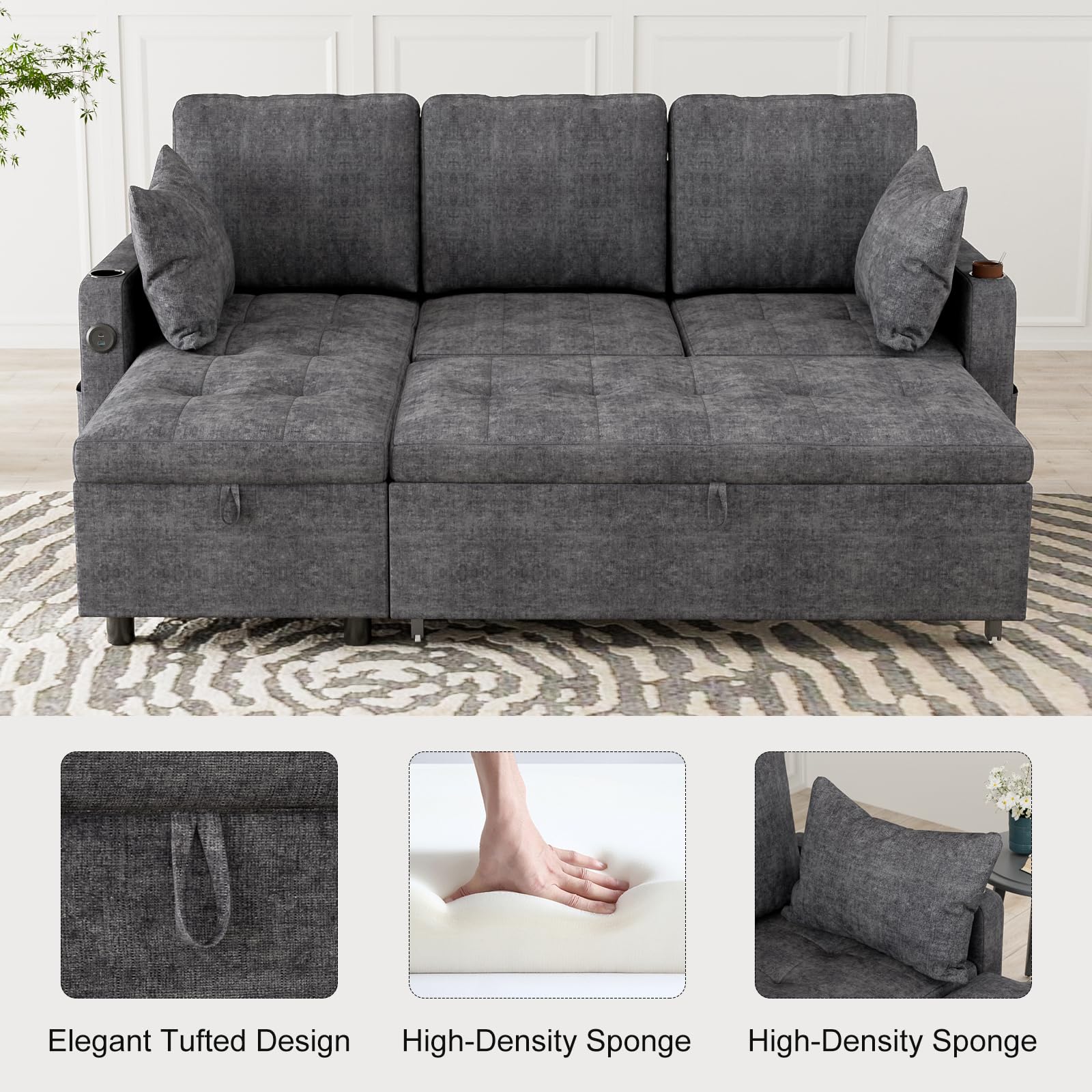 TTGIEET Pull Out Couch with Reversible Storage Chaise, L Shape Sleeper Sofa with 2 USB Port & Cup Holders, 2 in 1 Convertible Sofa Bed with 2 Pillows for Living Room (Dark Grey, Chenille)