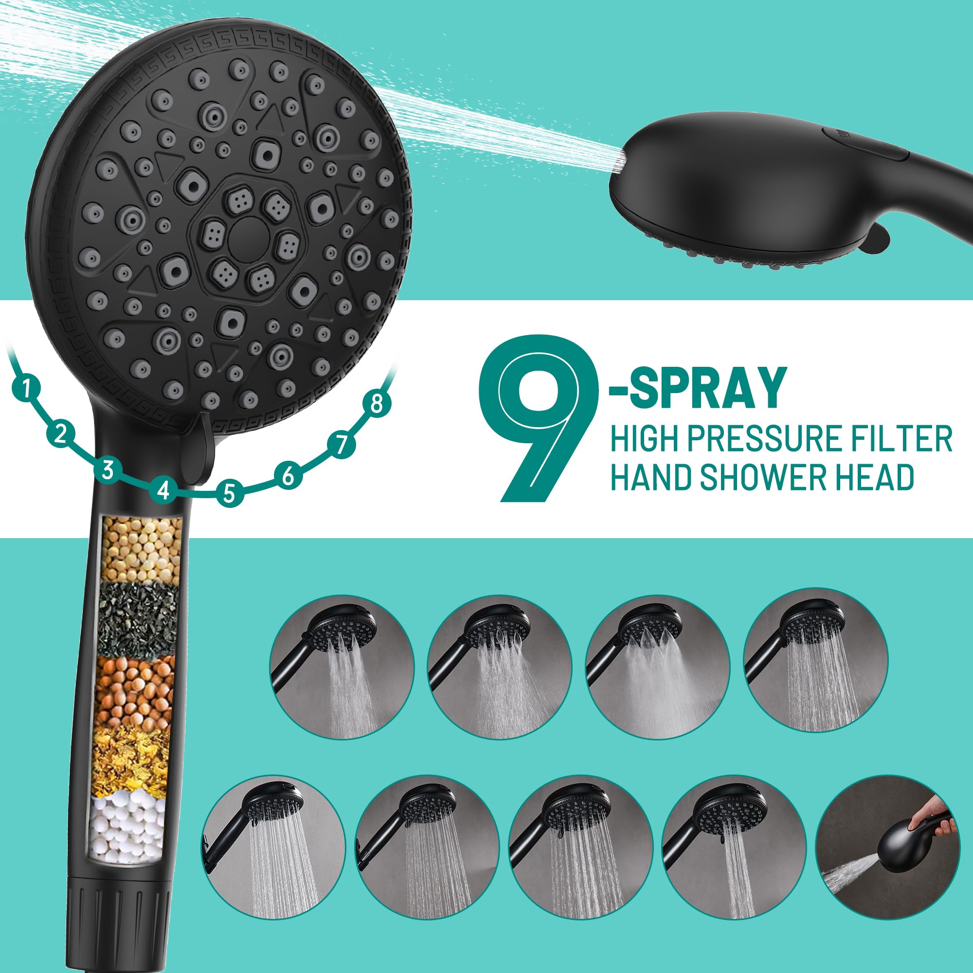 Holispa Shower Heads with Handheld Spray Combo, 10" Rain Shower Head with Handheld, 12" Extension Arm with 3-Way Diverter, Handheld Shower Head with Filter, 59" Stainless Steel Hose, Matte Black