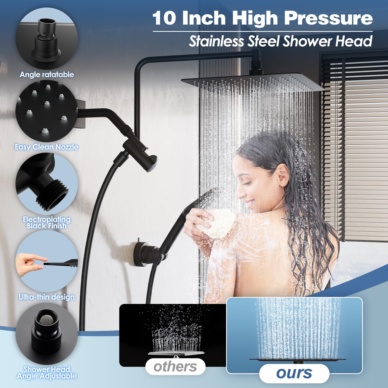 Gabrylly Shower Heads with Handheld Spray Combo, 10" High Pressure Rainfall Shower Head with 11" Extention Arm and Suction Cup Holder, 3-Setting Handheld Shower Head with 59" Shower Hose, Matte Black