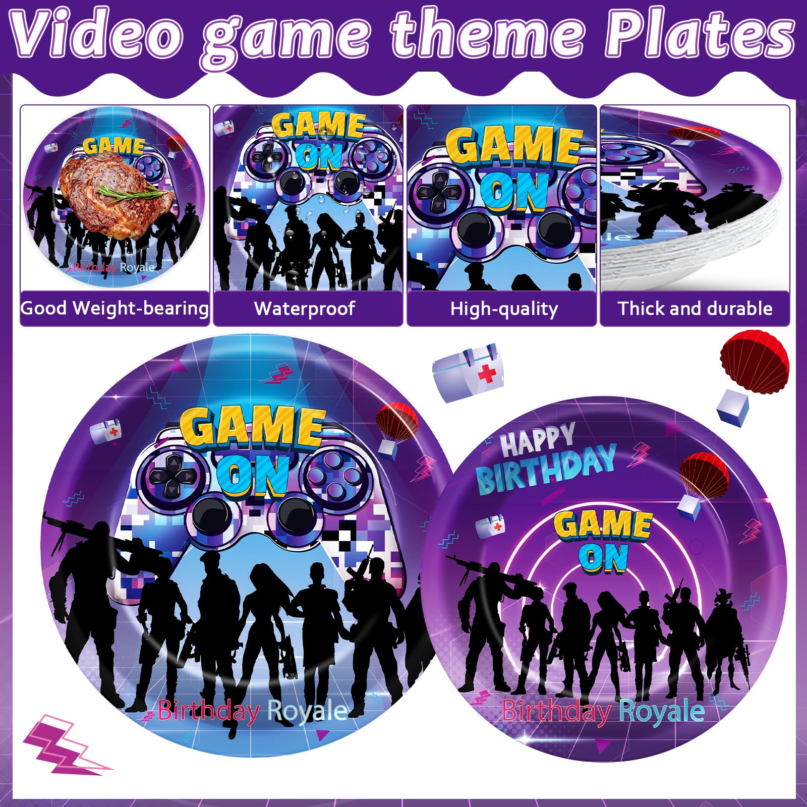 96Pcs Video Game Party Supplies Birthday Royale Tableware Set Gaming Party Plates and Napkins Game on Decorations for Kids Boys Girls Baby Shower Video Game Dinnerware Party Favors for 24 Guests