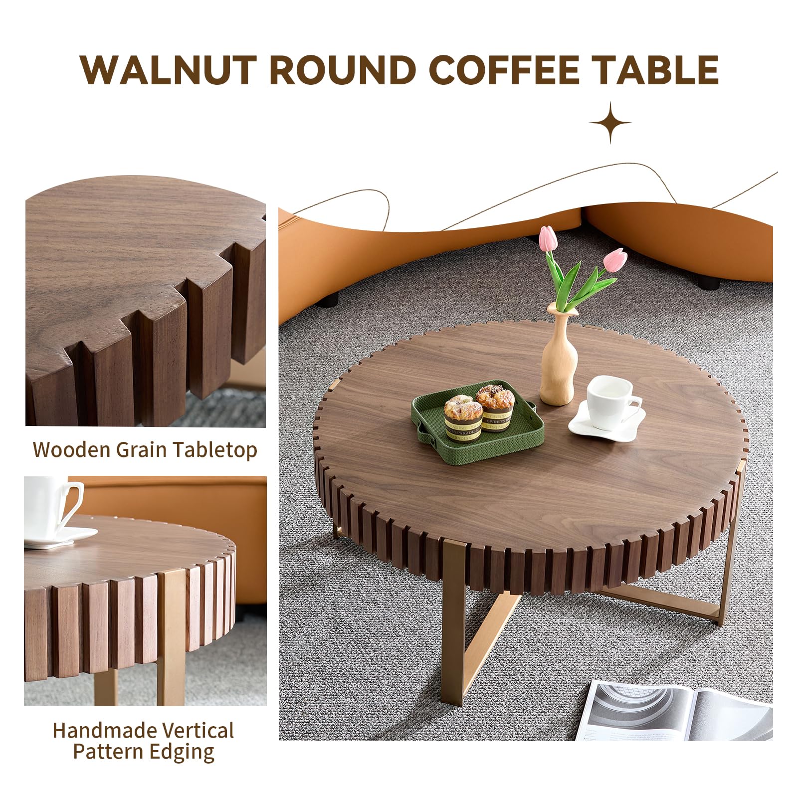 LKTART 31.5'' Round Coffee Table for Living Room, Solid Wood Handcraft Drum Coffee Table, Wooden Felief Coffee Table, Stainless Steel Legs Sturdy Pedestal Tea Table, Apartment Small Space,Walnut