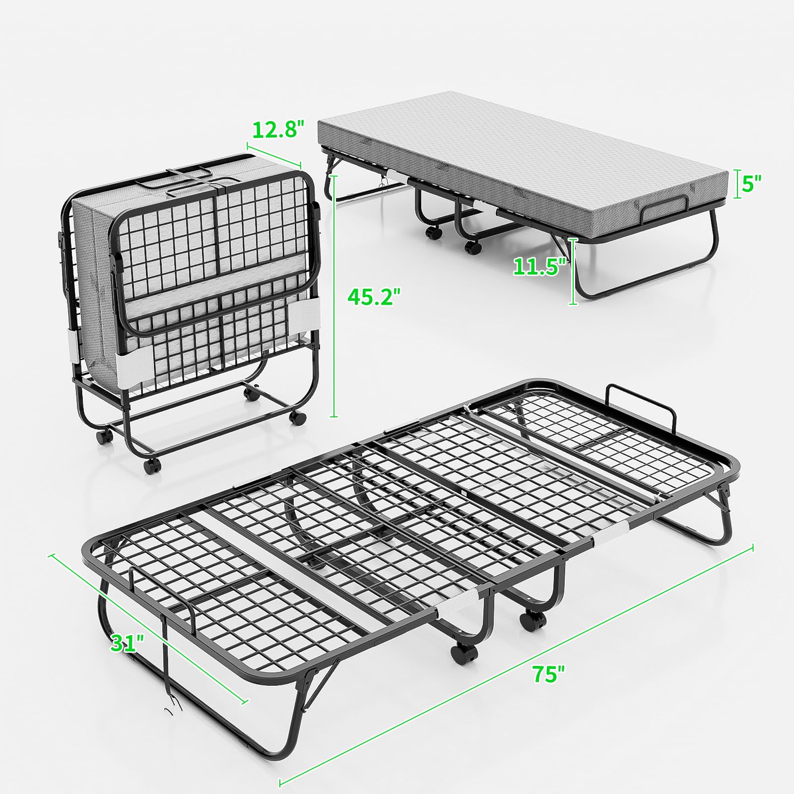 Hyomdeck Folding Bed with Mattress for Adults, Portable Folding Bed with Adjustable Backrest, Cot Size Rollaway Bed with Memory Foam Mattress and Metal Frame on Wheels, Guest Bed, 75‘’ x 31‘’,Black