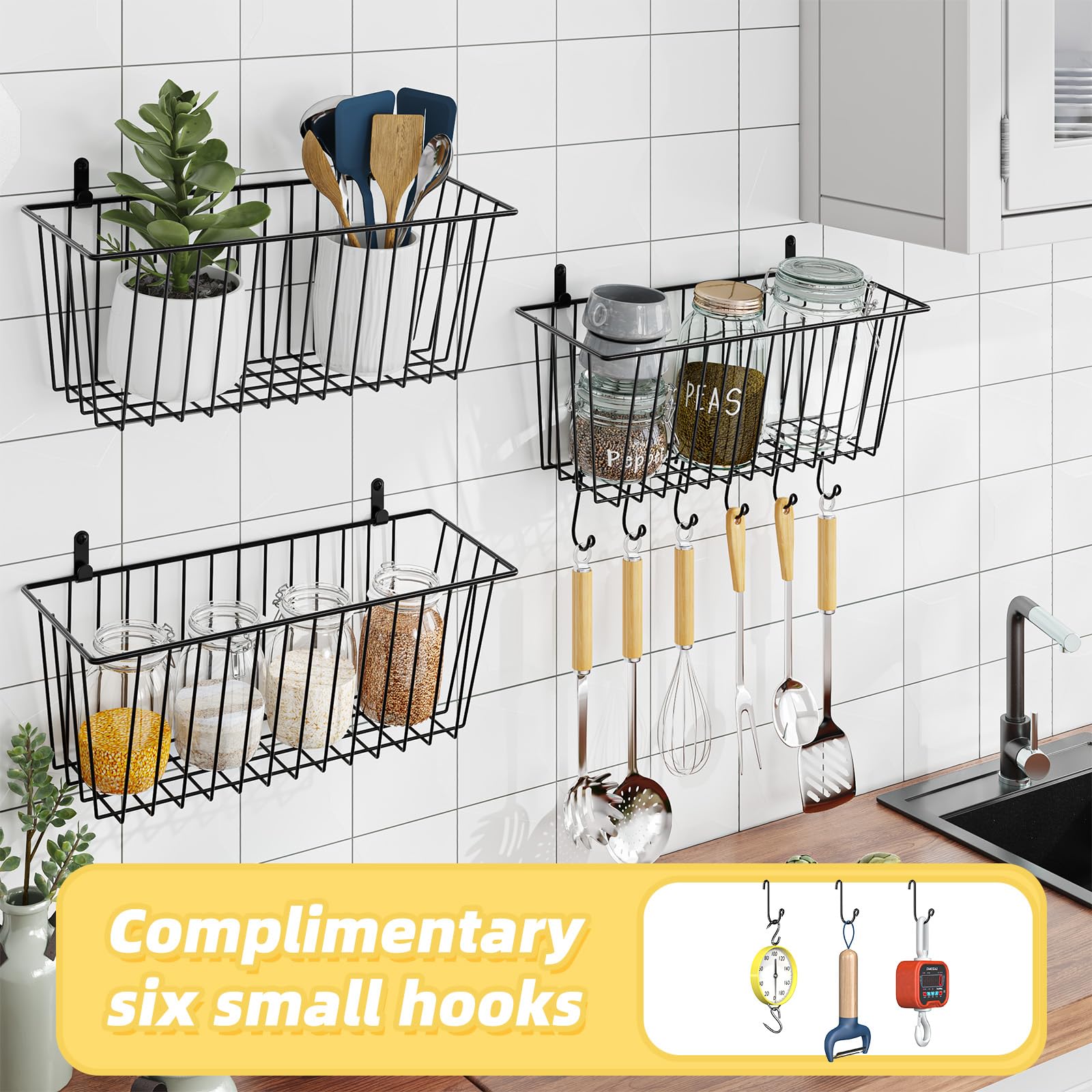 Simple Trending 6 Pack Wire Basket Locking Wall Hanging Baskets, Cabinets Organizer and Storage with Hanging Hooks for Kitchen, Garage and Bathroom