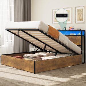 dwvo queen size lift-up storage bed frame, led lighted bed frame with storage shelf, platform bed with charging station, sturdy wooden slats, no box spring needed (brown)