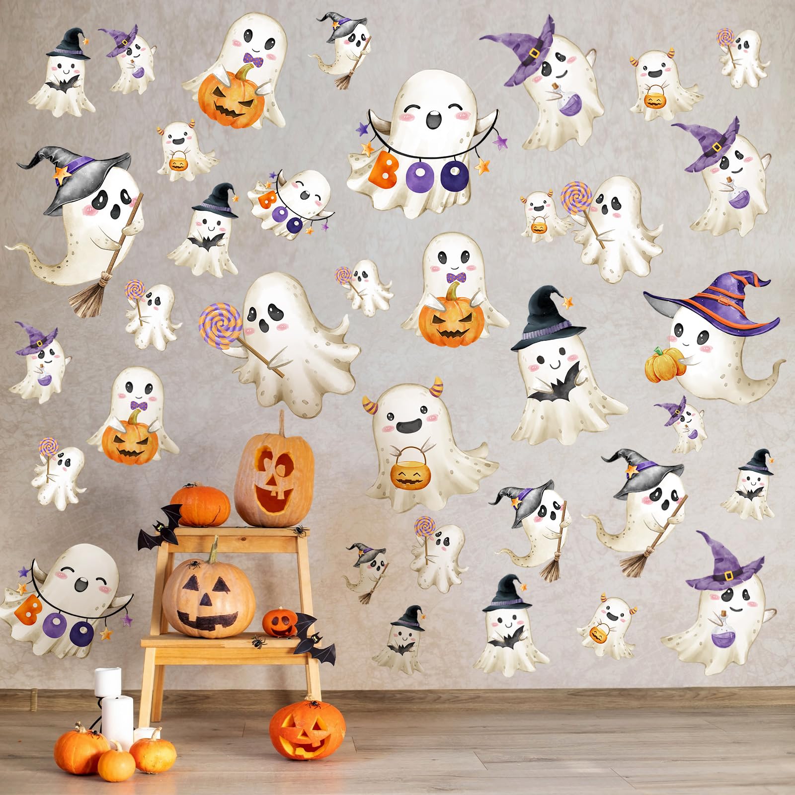 Sabary 6 Sheet/ 36 Pcs Halloween Ghost Decals Halloween Ghost Wall Decals Halloween Wall Clings Stickers Removable Peel and Stick Ghost Decals for Bathroom Wall Door Clings Party Decor