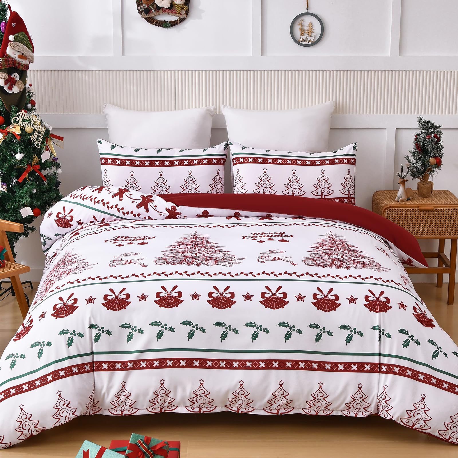 Xruibed Christmas Duvet Cover Set Queen Size 3PCS Xmas Tree Reindeer Pattern Duvet Cover Lightweight Microfiber Bedding Set with Zipper Closure for Adults Teens (Queen,90''x90'')