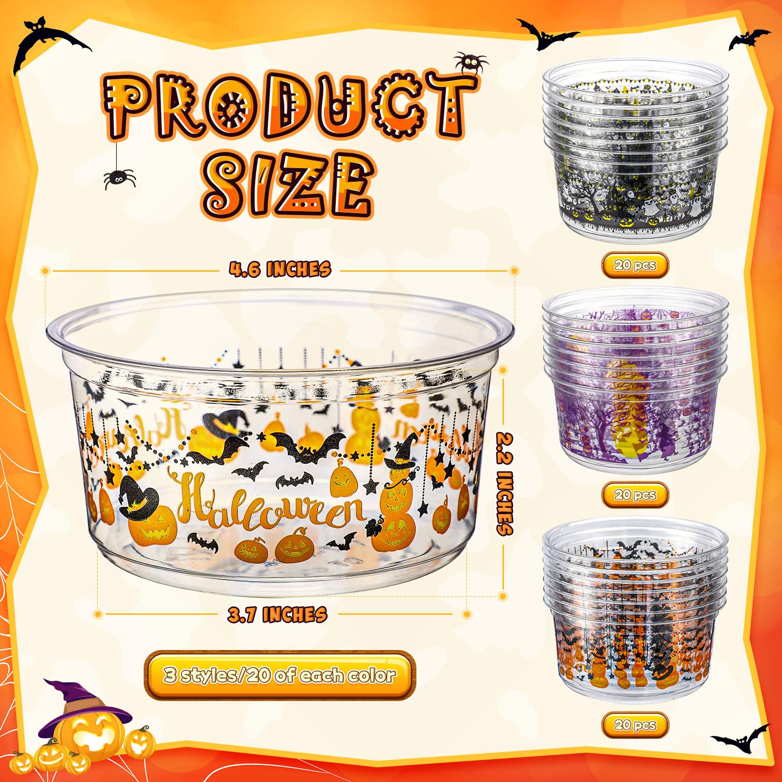 Funnymoom 60 Pcs Halloween Candy Bowl Trick or Treat Plastic Serving Bowl Tableware Halloween Candy Dish Halloween Party Supplies Salad Bowls Plastic Serving Bowls for Halloween Party