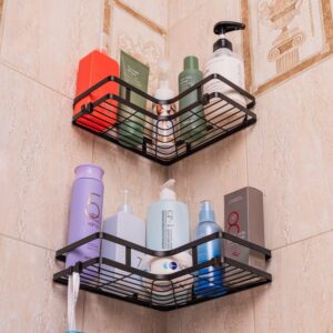 Generic Corner Shower Caddy Adhesive 2-Pack - Black Shower Organizer with Hooks | No-Drill, Rustproof Storage Baskets for Bathroom, Apartment, and Dorm